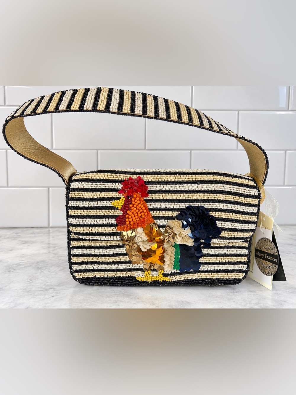 NWT Viral Made In India Striped Beaded Bag Sequin Rooster Chicken Purse